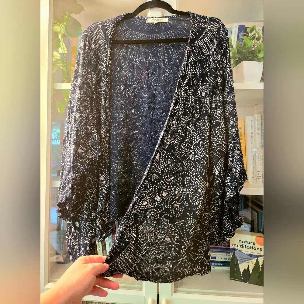 100% Viscose Blue & White Floral Printed Open Cardigan